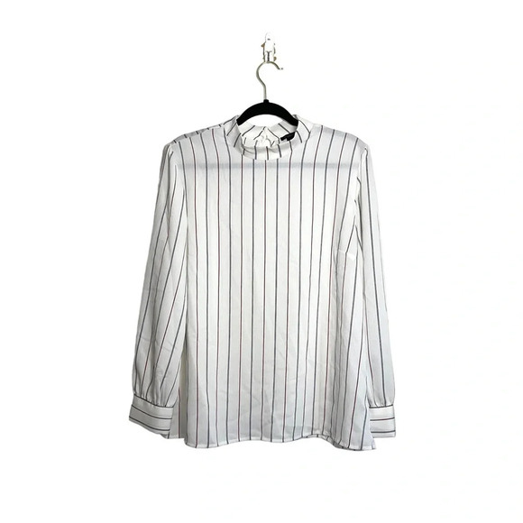Ann Taylor Factory White Black & Red Striped High Neck Blouse Large Women’s - Picture 1 of 12